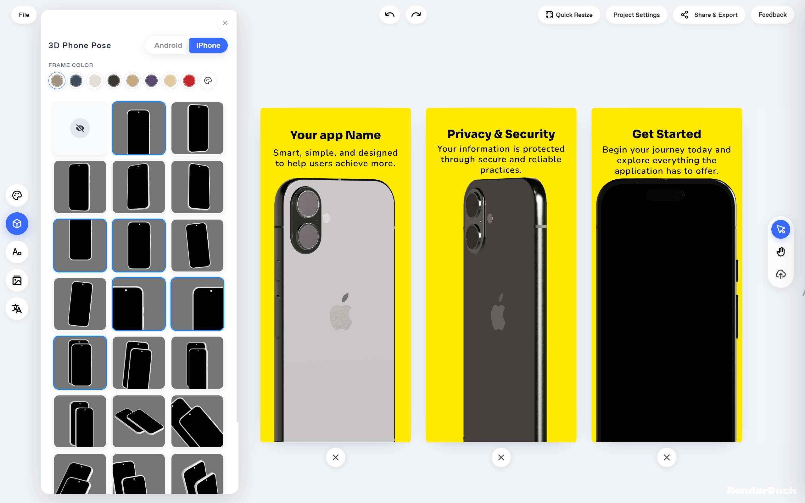 RenderDuck 3D Phone Pose panel with the iPhone tab selected, frame colors, phone poses and three screenshot pages