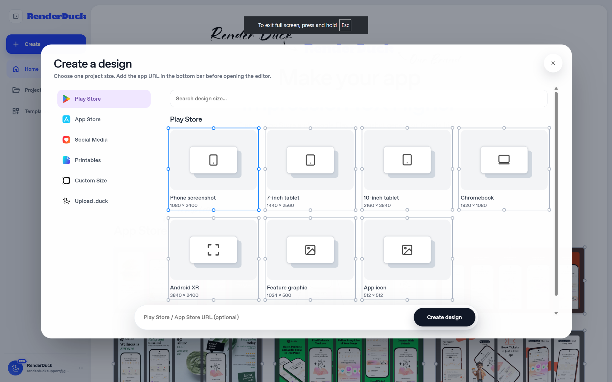 RenderDuck Create a design dialog showing the Play Store category with Phone screenshot, tablet, Chromebook, Android XR, Feature graphic and App icon options