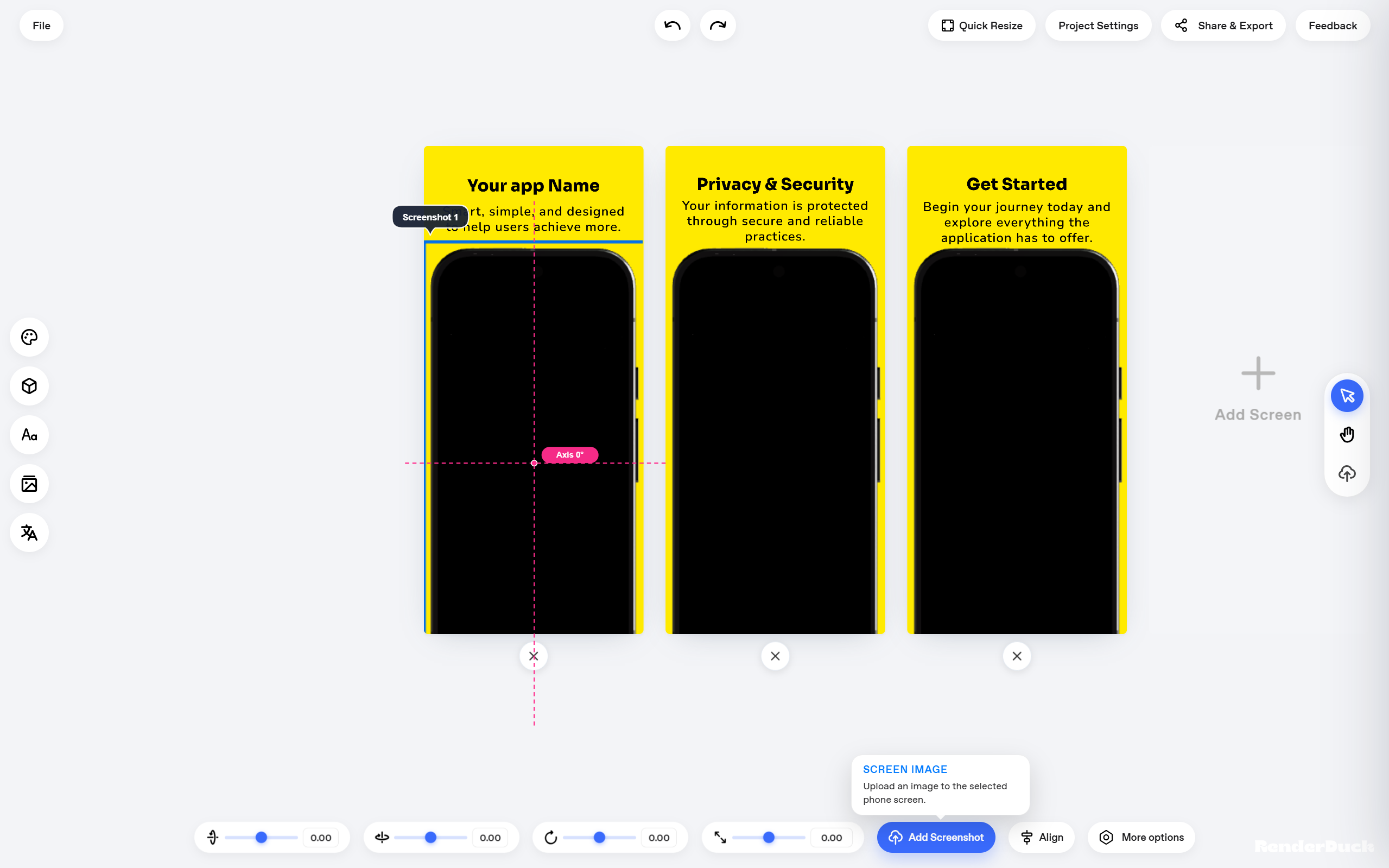 RenderDuck editor showing app screenshot pages and Add Screenshot